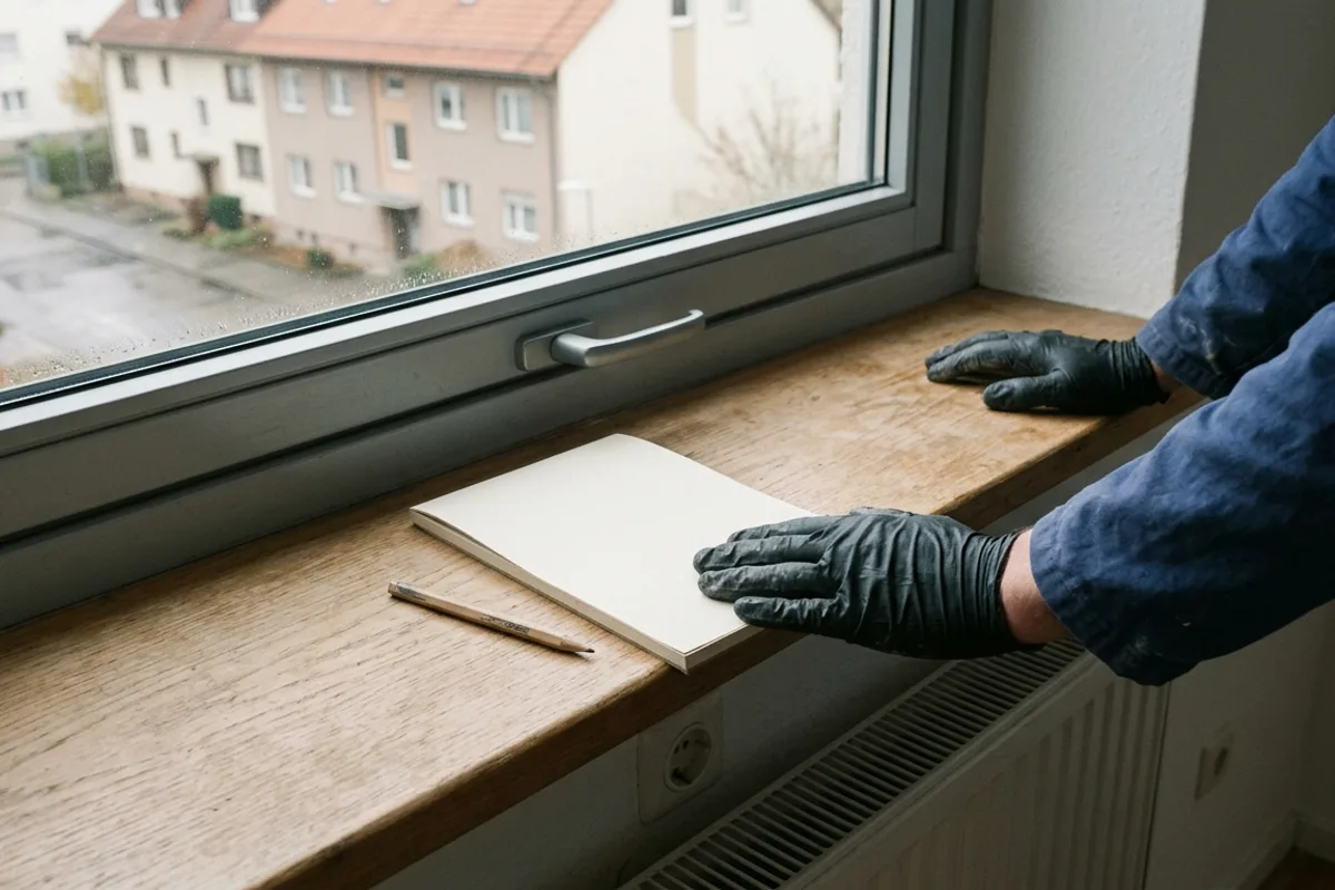 Aufgeschlagenes leeres Notizbuch mit zwei Bleistiften daneben auf einer dunklen Holztischplatte